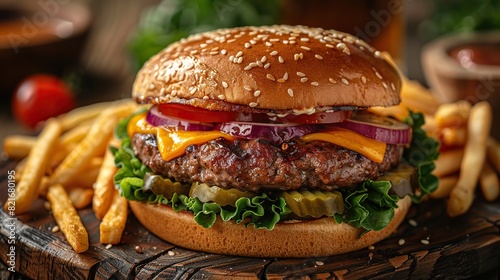 A juicy cheeseburger with lettuce, tomato, and pickles, served with fries.