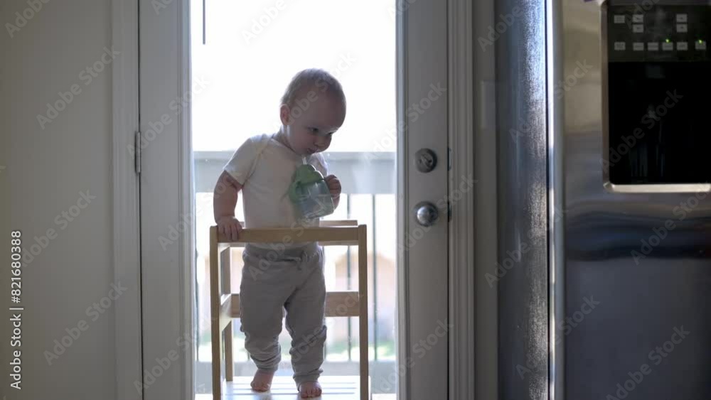 custom made wallpaper toronto digitalA captivating video of a toddler standing in a sunlit kitchen, skillfully drinking from a sippy cup, showcasing early self-feeding skills and independence in a domestic setting.