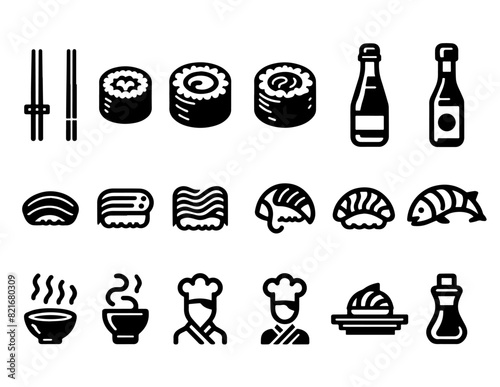 Vector icon set related to Sushi restaurant and dining