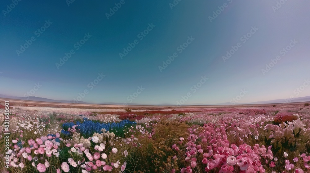   Pink and white flowers fill a field beneath a blue sky with a small patch of green grass at its center