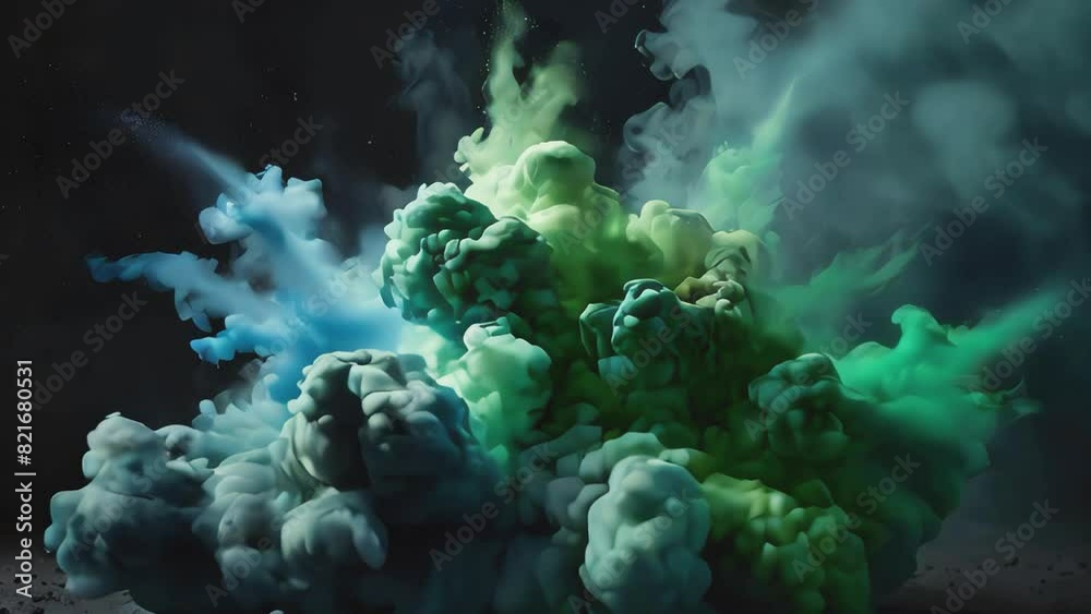Green and blue bright dust explotion smoke on dark background. Abstract 4k footage
