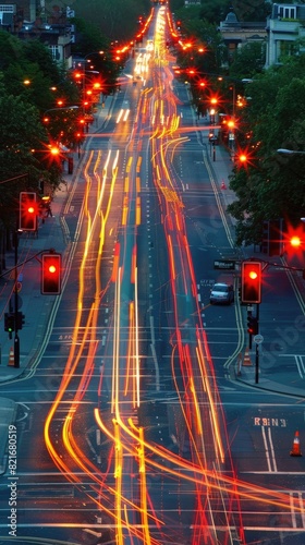 Urban traffic lights streaking at dusk
