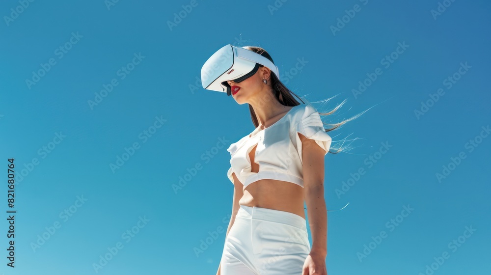 woman in white shirt wearing vr glasses ,Virtual Reality AI concept ,metaverse, woman in white shirt wearing vr glasses ,Virtual Reality AI concept ,metaverse,