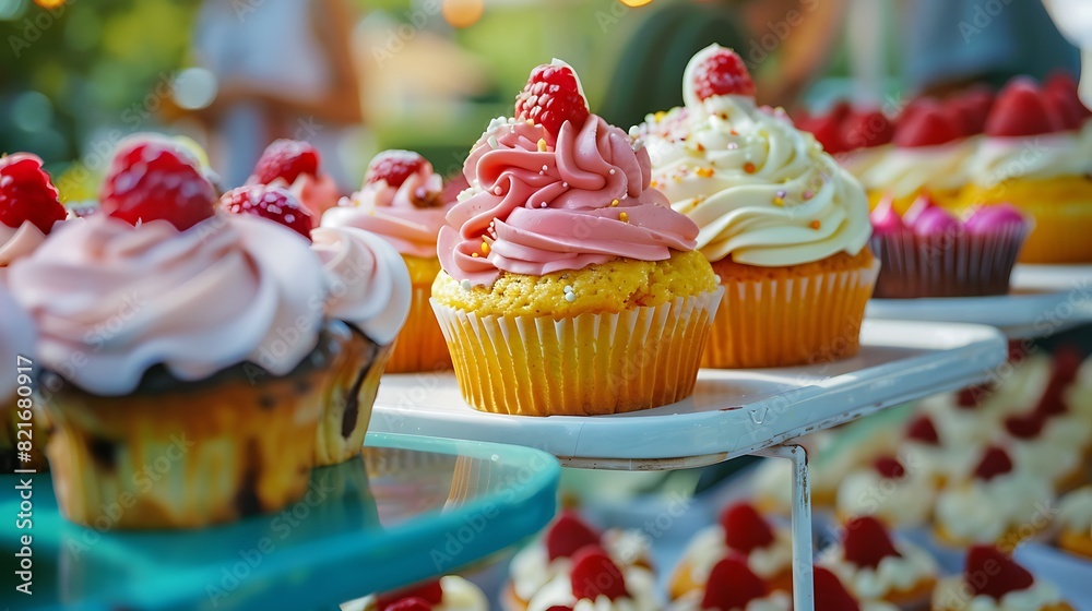 Close up shot of cupcakes and cakes at a bake sale outdoors