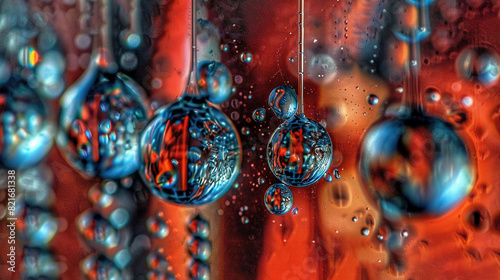   Blue and red ornaments dangle from a glass window, dripping with water photo