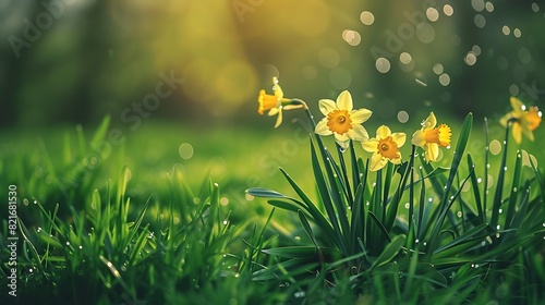 Cluster yellow daffodils green grass beauty