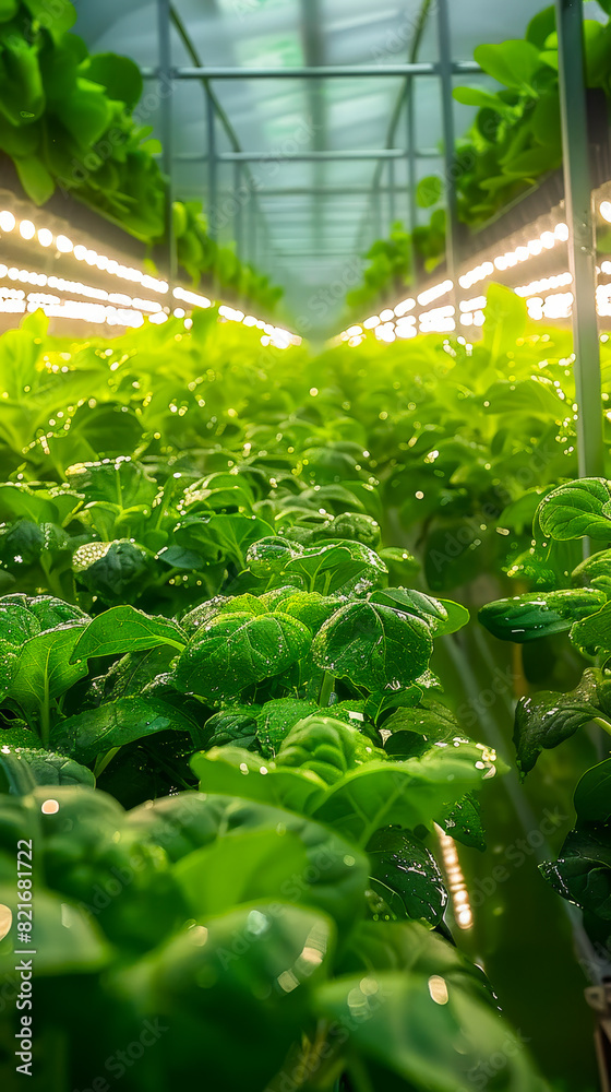 Vibrant Green Vegetables Growing in High-Tech Indoor Vertical Farm, Illuminated by LED Lights, Showcasing Sustainable Agriculture and Advanced Farming Techniques Vibrant Green Vegetables Growing in High-Tech Indoor Vertical Farm, Illuminated by LED Lights, Showcasing Sustainable Agriculture and Advanced Farming Techniques