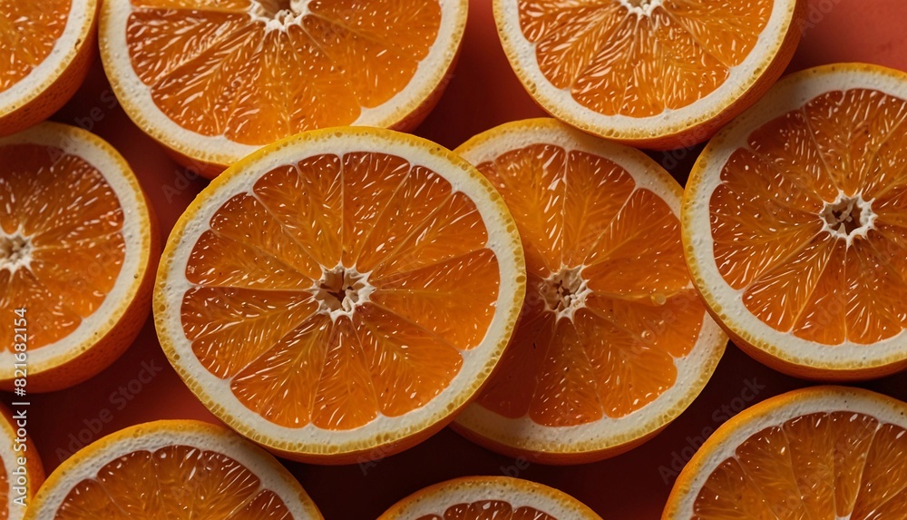 Close-up Slices of juicy orange on light red background, flat lay Close-up Slices of juicy orange on light red background, flat lay