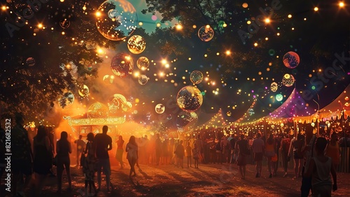 A large crowd of people are gathered in a field with many lights and balloons