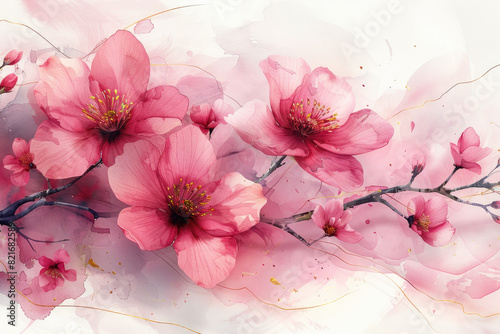 Red flowers  watercolor splashes  decorative painting style  pink and gray  floral pattern background. Created with Ai 
