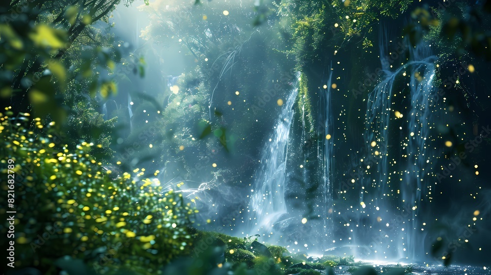 A breathtaking scene of a cascading waterfall in a mystical forest, with a defocused background of gently glowing particles A breathtaking scene of a cascading waterfall in a mystical forest, with a defocused background of gently glowing particles