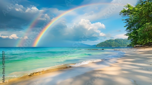 Colorful rainbow over a tropical beach of andaman sea photo