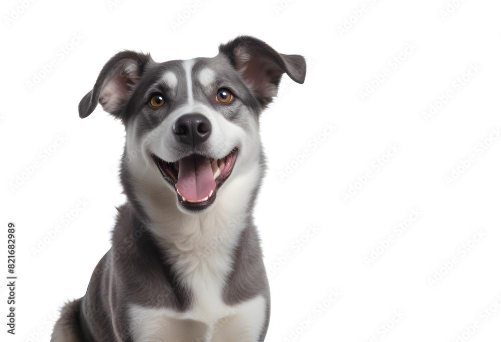 Dog with gray and white fur, looking at the camera open-mouthed expression, cute animal against white yellow background