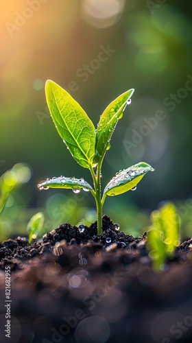 A young seedling emerges from the rich  dark soil  bathed in the light of the morning sun. Dewdrops glisten on the leaves  symbolizing new growth and fresh beginnings in a serene natural setting.