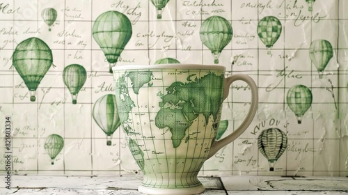   A coffee cup with a world map and hot air balloons printed on the wall behind #821683334