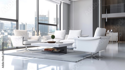 Modern interior of living room with white sofa armchairs and coffee table