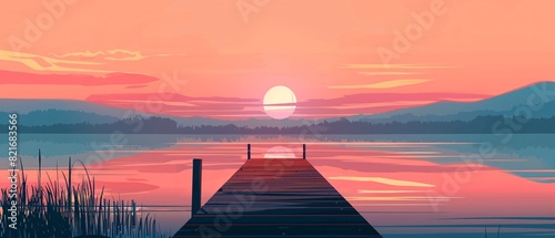 an illustration of Wooden pier on the lake at sunset. Beautiful summer landscape, Small boat dock and beautiful sunset landscape view with a huge lake, AI Generated