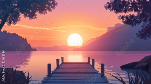 an illustration of Wooden pier on the lake at sunset. Beautiful summer landscape, Small boat dock and beautiful sunset landscape view with a huge lake, AI Generated