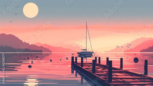 an illustration of Wooden pier on the lake at sunset. Beautiful summer landscape, Small boat dock and beautiful sunset landscape view with a huge lake, AI Generated
