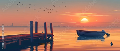 an illustration of Wooden pier on the lake at sunset. Beautiful summer landscape, Small boat dock and beautiful sunset landscape view with a huge lake, AI Generated