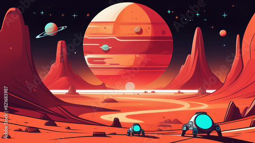vivid space scene with a massive planet and rings, several moons, rocky formations in the foreground and tiny spaceships. vibrant colors include reds, oranges, and blues, creating striking contras photo