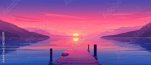an illustration of Wooden pier on the lake at sunset. Beautiful summer landscape, Small boat dock and beautiful sunset landscape view with a huge lake, AI Generated