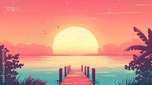 an illustration of Wooden pier on the lake at sunset. Beautiful summer landscape, Small boat dock and beautiful sunset landscape view with a huge lake, AI Generated