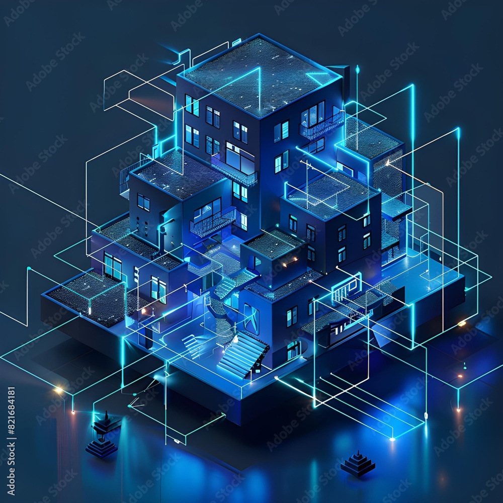 Futuristic Architectural Marvel, Illuminated Blueprints of Advanced Urban Complex, Cybernetic Dreamscape, Luminous Multi-Level Edifice Amidst Virtual Schematics, generative ai