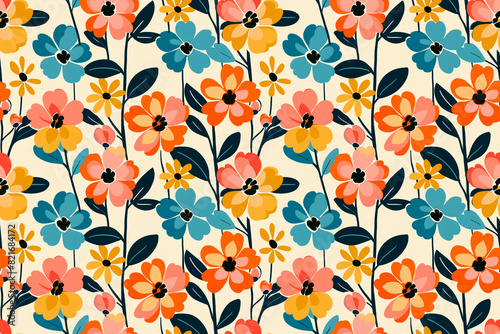 Retro floral pattern with vibrant flowers in orange, yellow, and blue tones. Seamless design perfect for textile, home decor, and vintage-themed projects