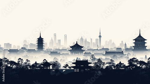 Silhouettes of ancient and modern buildings in cities, with white background
