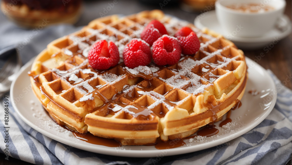 A plate of waffles with raspberries on top and powdered sugar sprinkled on top of the waffles.
A plate of waffles with raspberries on top and powdered sugar sprinkled on top of the waffles.