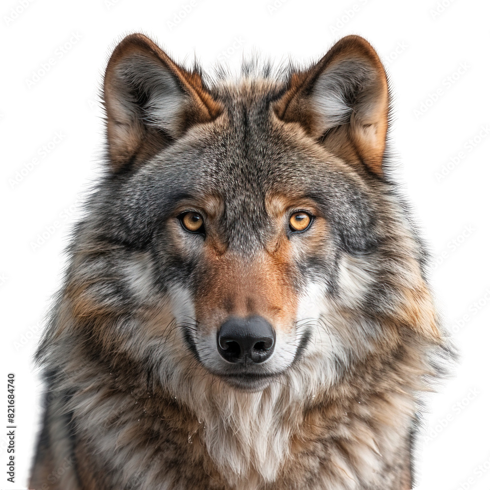 front view of wolf head isolated on transparent background ,generative ai front view of wolf head isolated on transparent background ,generative ai