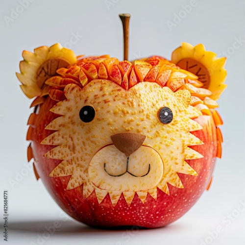 A red apple carved into a cute lion, perfect for a kid's lunchbox or party. photo
