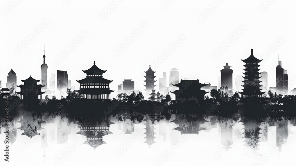 Silhouettes of ancient and modern buildings in cities, with white background