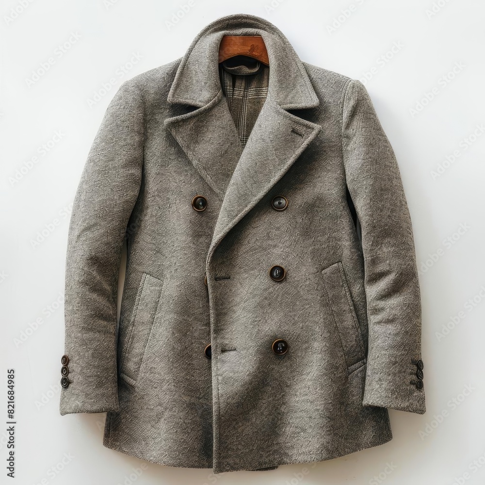A stylish gray peacoat with a double-breasted closure and classic design. A stylish gray peacoat with a double-breasted closure and classic design.