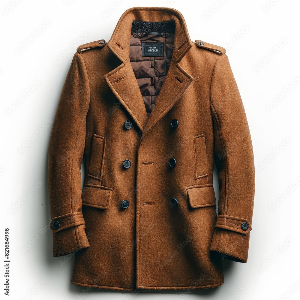 Brown double-breasted wool peacoat for men. Brown double-breasted wool peacoat for men.
