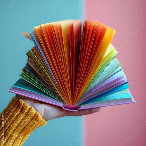 A hand holds open a colorful book  with pages fanned out in a rainbow pattern.