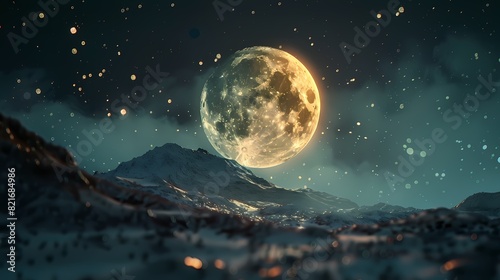 A breathtaking scene of a full moon rising over a mountain, with a defocused background of shimmering particles -