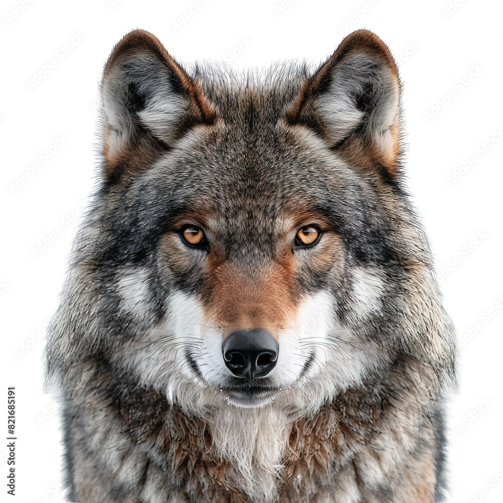 front view of wolf head isolated on transparent background ,generative ai front view of wolf head isolated on transparent background ,generative ai