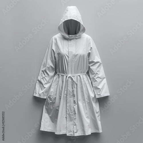 White hooded raincoat with a belt on a gray background
