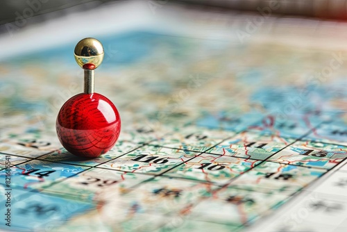 Close-up of a red pushpin on a map highlighting a travel destination, representing navigation, journey planning, and location finding. photo