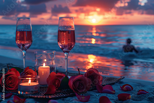 A romantic dinner for two on the beach, with roses and candles. Created with Ai