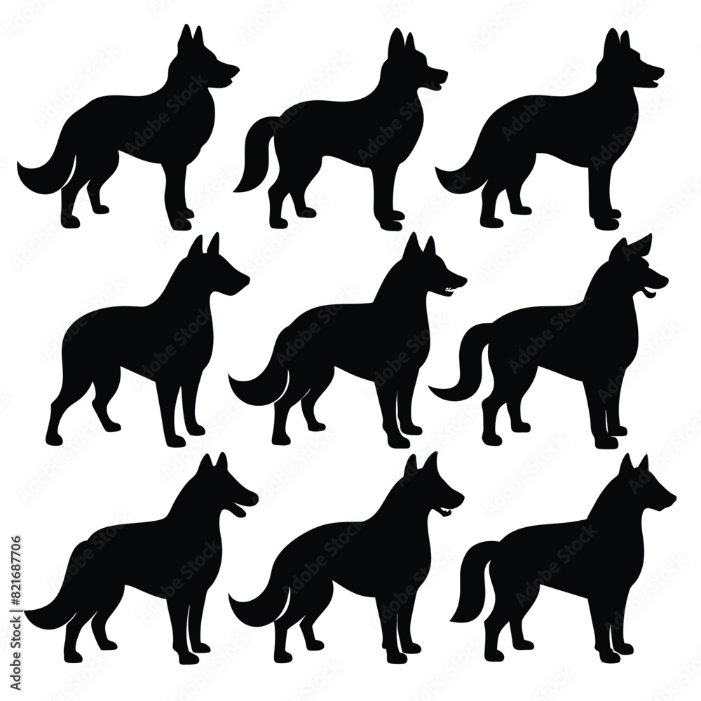 Set of Black American Alsatian Silhouette Vector on a white background