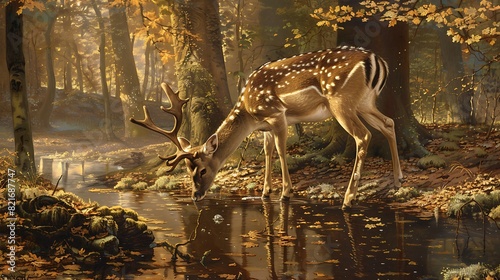 Fallow deer in forest near water source © Amelia