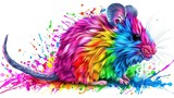   A multicolored rat perched atop its hind legs with paint splatters covering its body