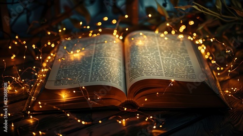 Open book light of a garland in the dark photo