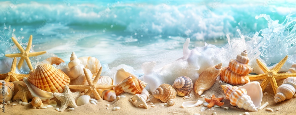 A beach scene with a variety of seashells and starfish scattered across the sand generated by AI A beach scene with a variety of seashells and starfish scattered across the sand generated by AI