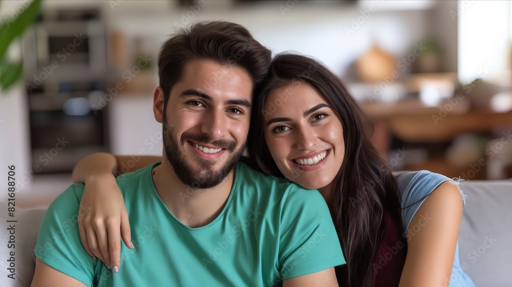 A man and woman smiling while sitting on a couch. A man and woman smiling while sitting on a couch.