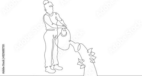 A small child waters a plant from a watering can. The child takes care of the plants. Environment. Vegetable garden.One continuous line. Line art. Minimum one line. White background. One line drawing.