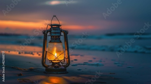 A lantern illuminates the beach as the sun sets, casting a warm glow over the water and sky. The landscape is transformed as dusk falls, creating a peaceful and picturesque scene for travelers AIG50